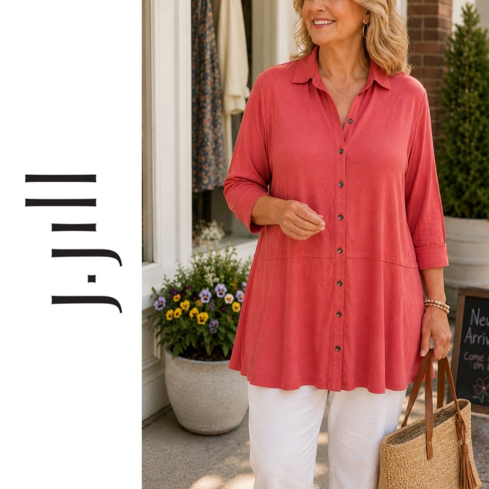 J. Jill, Coral Pink Button Down‎ Long Sleeve Collared Tunic Top Size 2X